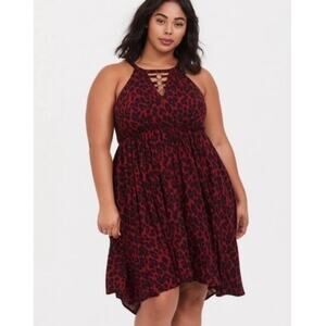 Torrid 1 1X red animal print halter cage dress. Fit and flare.